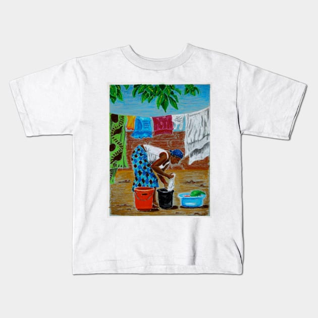 West African woman doing laundry Kids T-Shirt by cschwebel